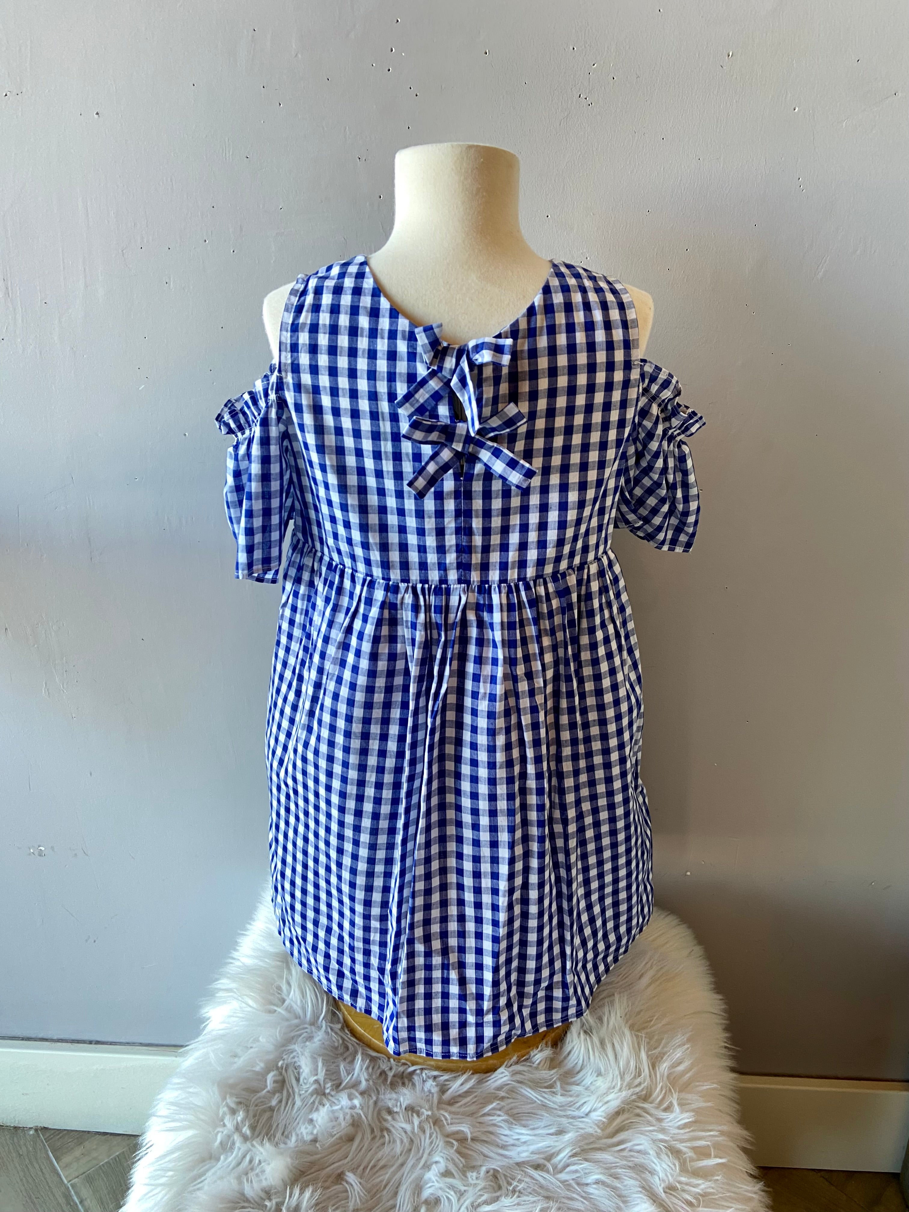 AARON AND AMBER Blue EXCURSION Gingham ColdShoulder Dress