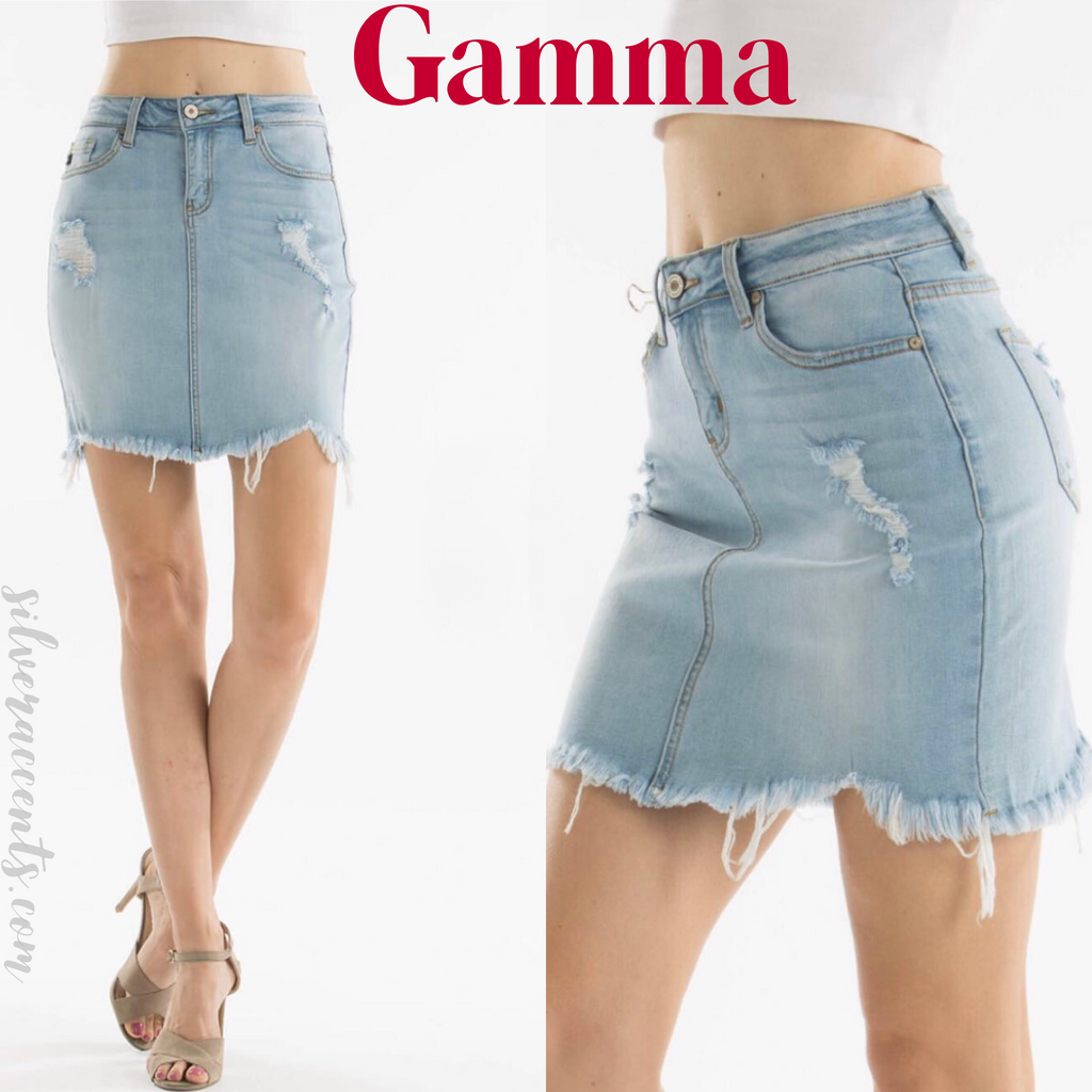 GAMMA HiRise Distressed FrayHem Stretch Denim Skirt