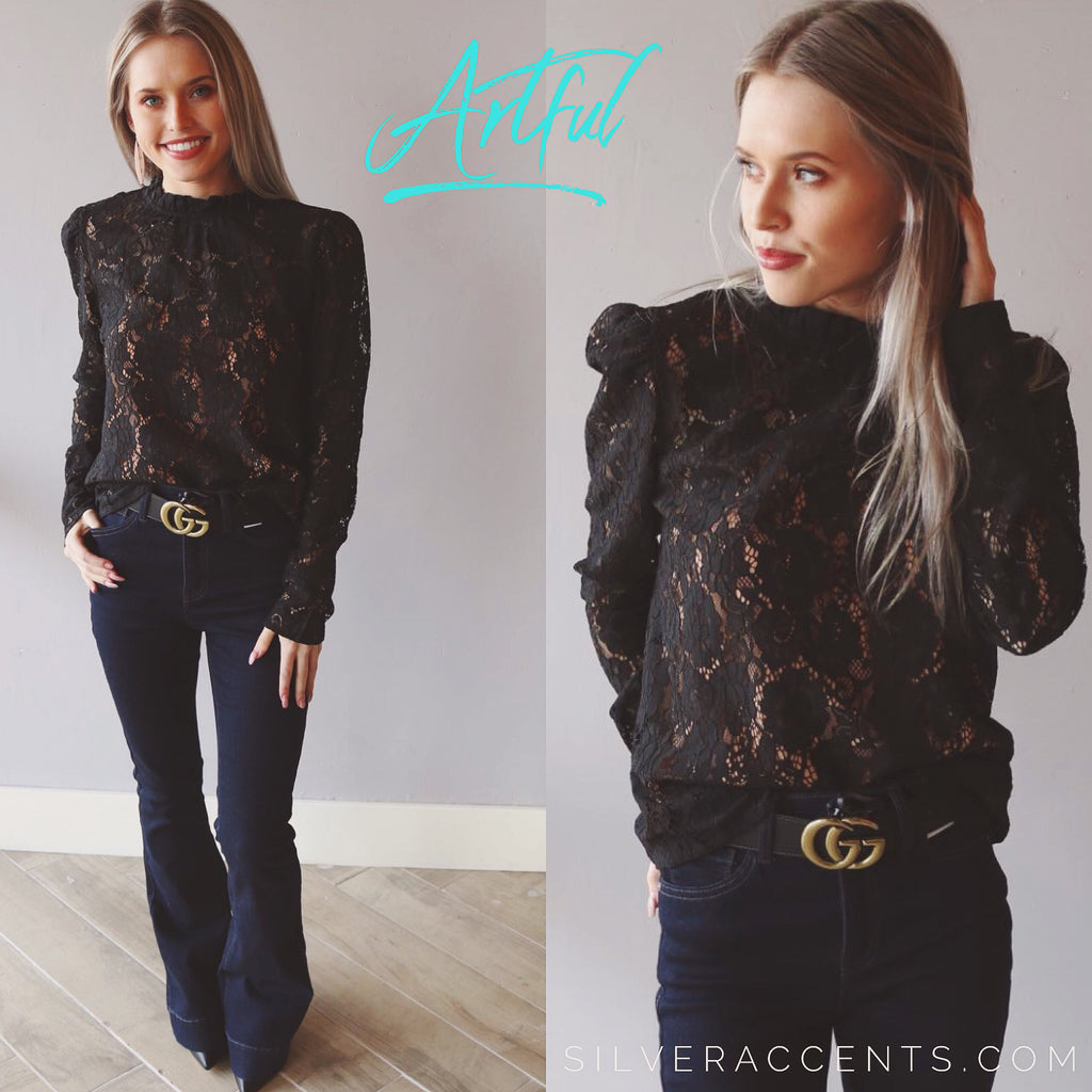 Mittoshop ARTFUL Lace Gathered MockNeck PuffSleeve Top