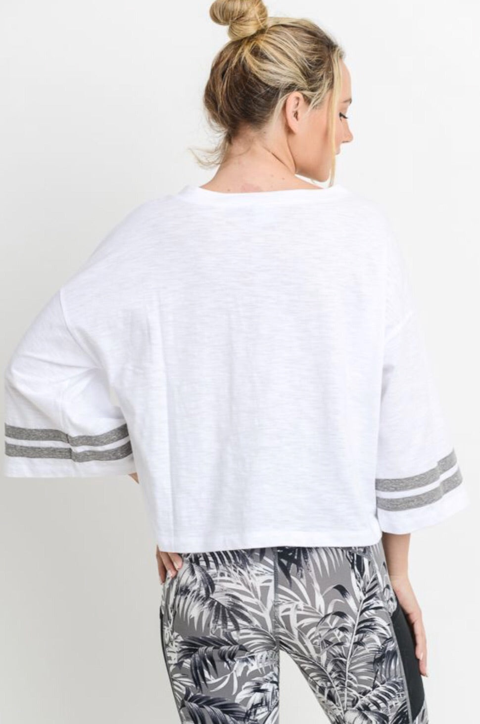 FANDOM 3/4 Stripe Bell Sleeve White/ Grey Top