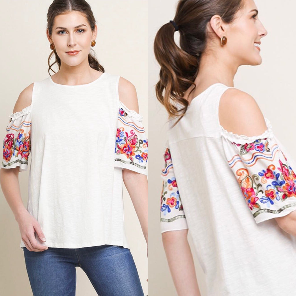 WONDERWALL Embroidered Floral Sleeve Cold Shoulder Knit Top