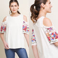 WONDERWALL Embroidered Floral Sleeve Cold Shoulder Knit Top
