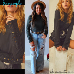 FREE PEOPLE Embroidered HOOKED ON YOU CUFF MockNeck Top