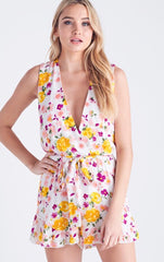 Blue Blush MADEIRA Floral V-Neck TieWaist Chiffon Short Romper