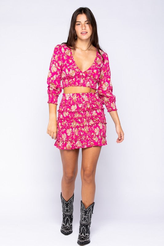 PARADISE 2pc Floral Crop Top/Ruffle Smock Skirt Set