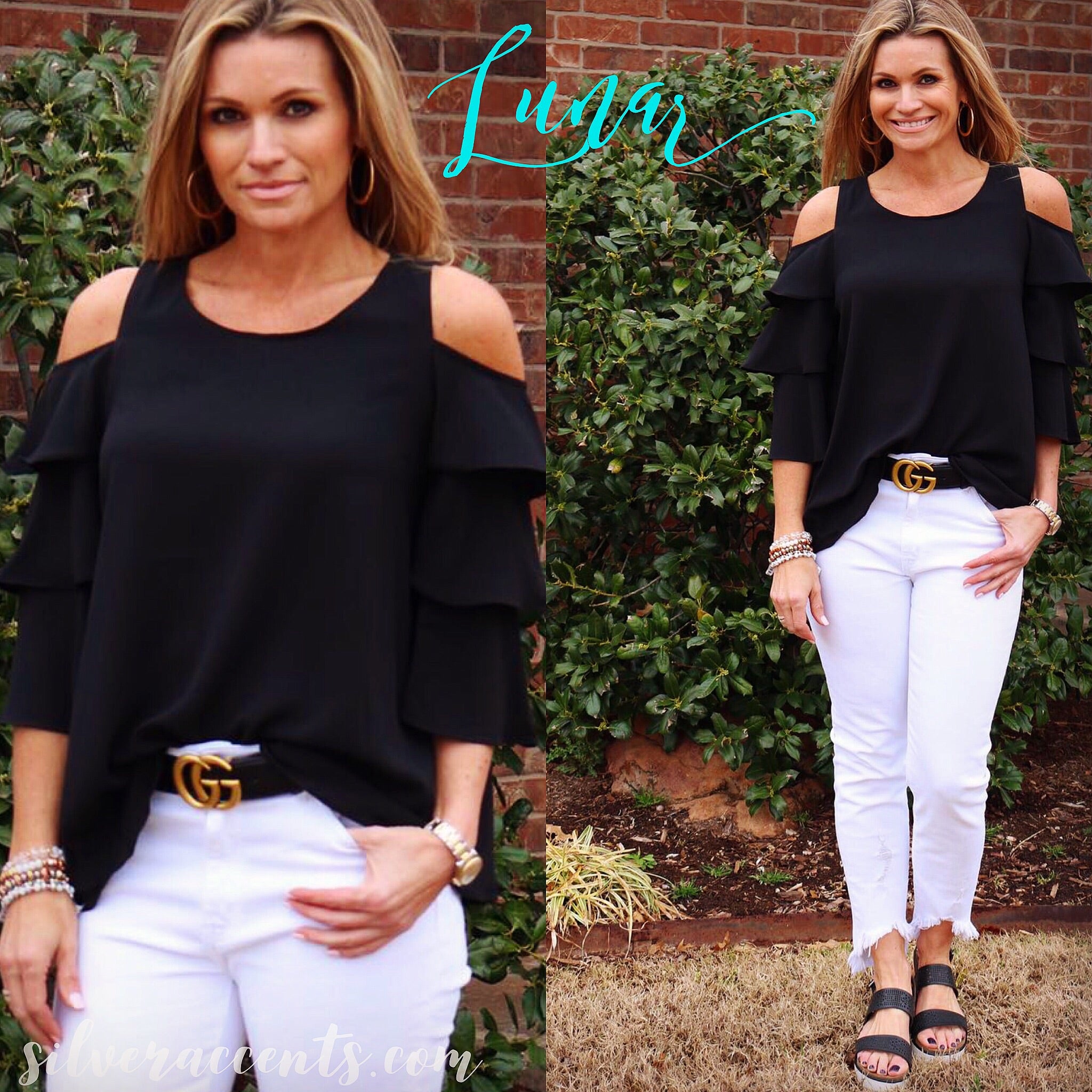 LUNAR Tiered RuffleSleeve ColdShoulder Chiffon Top