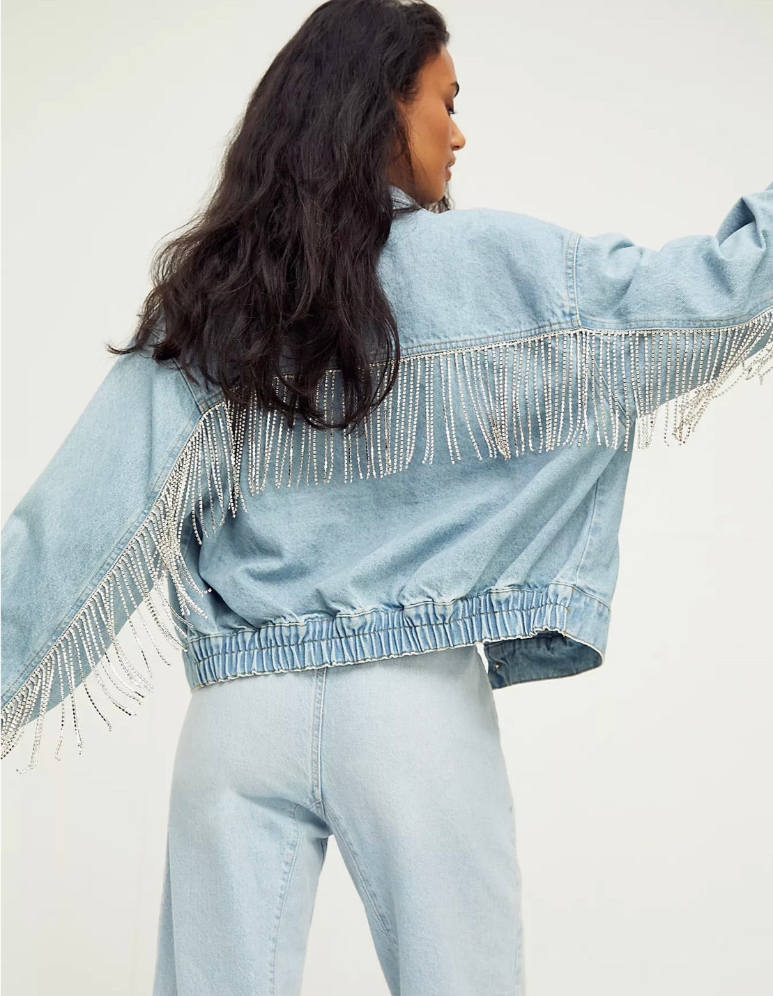 FREE PEOPLE Rhinestone Fringe COMET Denim Bomber Jacket