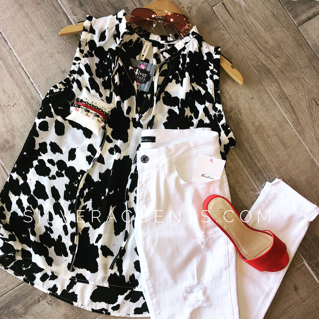 TAURUS Animal Print RuffleNeck TieFront Top