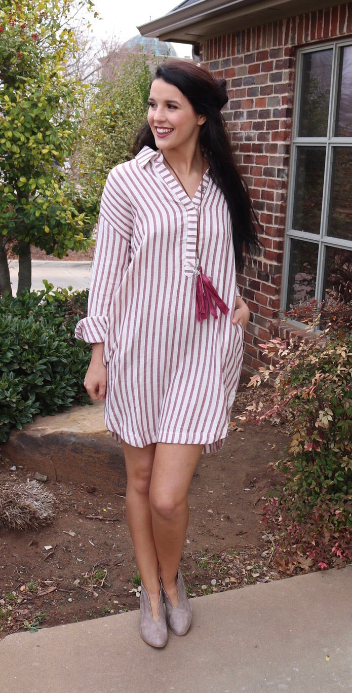 SHERWOOD Stripe SplitNeck ScoopHem Collared ShirtDress