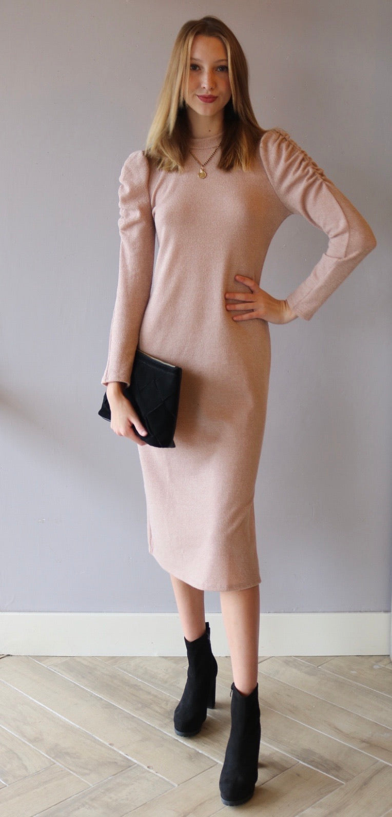 *LUSH PROMENADE Mock Neck RoucheSleeve Midi Dress
