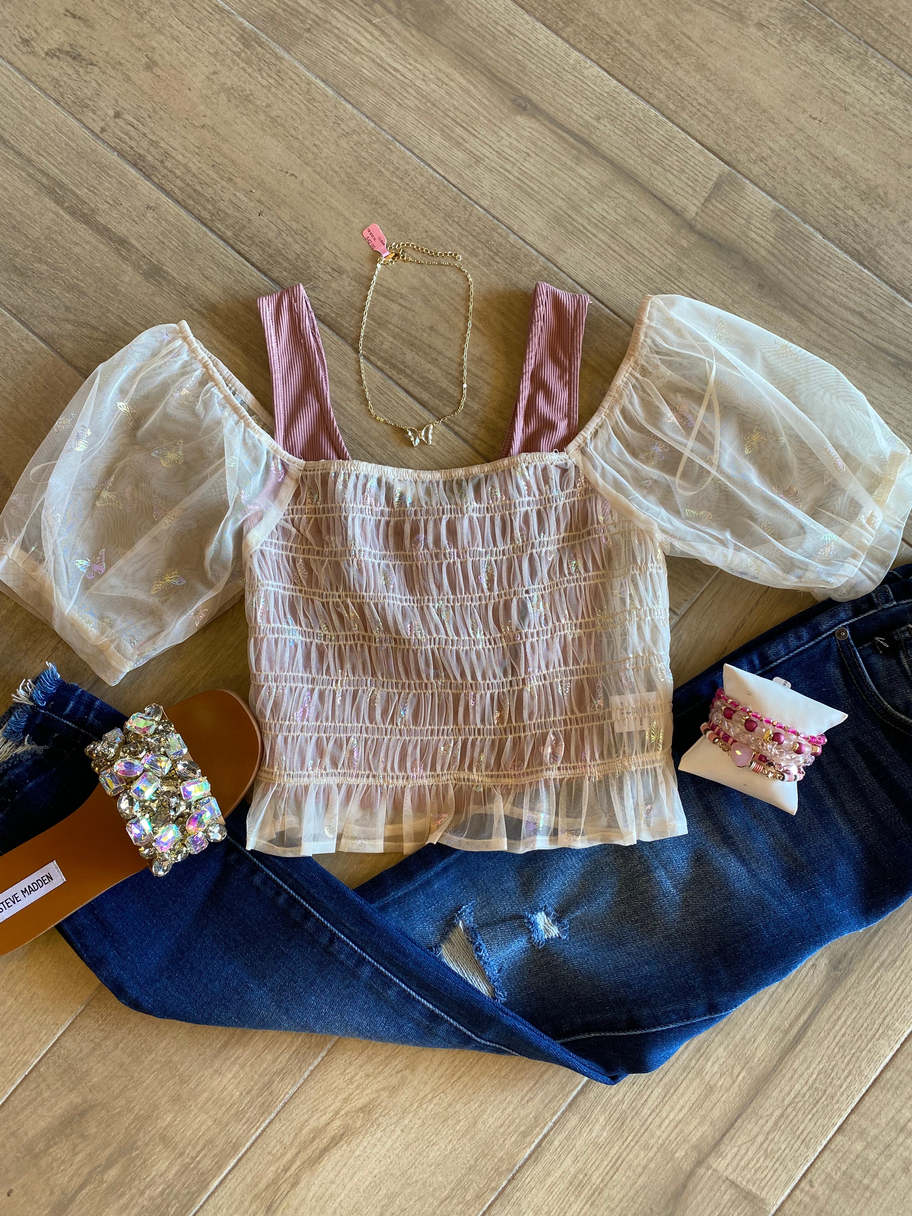 LE LIS HOLOGRAM Butterfly Mesh Smocked Top