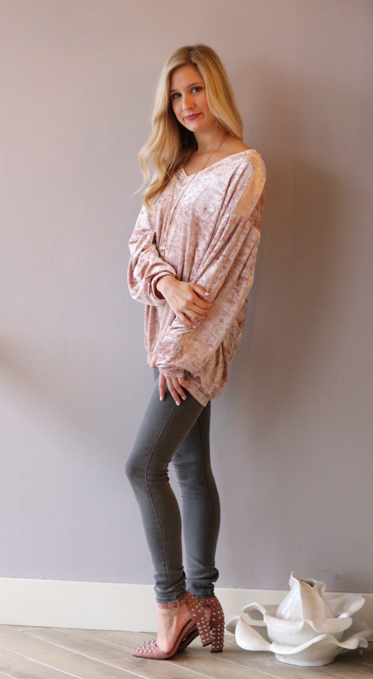 OVERVIEW Crush Velvet V-Neck DropShoulder LongSleeve Pullover Top