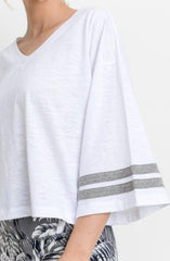 FANDOM 3/4 Stripe Bell Sleeve White/ Grey Top