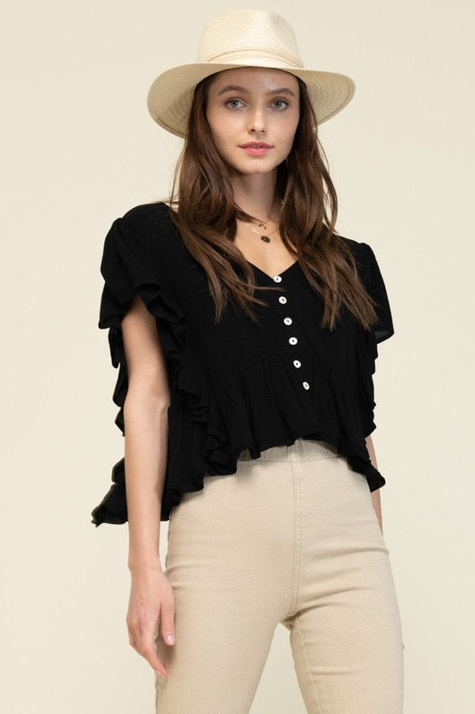 VNeck ROAST Ruffle Hem Tieback Top