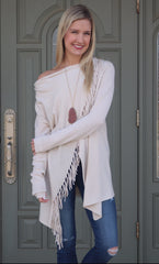 VOYAGE Fringe Pointelle Crossover Cardigan Sweater Top