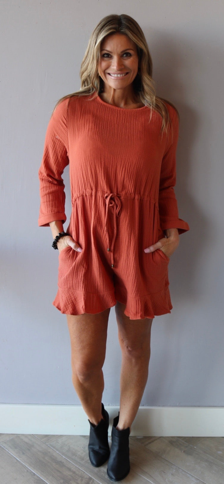 &Merci SPENCER Gauze RuffleHem 3/4Sleeve Short Romper