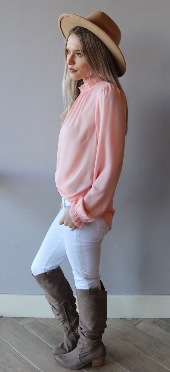 Main Strip PERSPECTIVE Ruffle HiNeck/Sleeve Chiffon Top