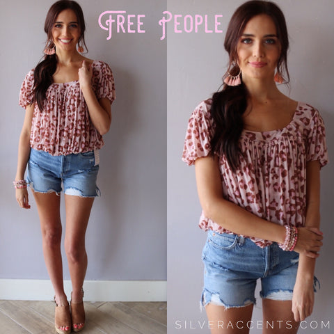 FREE PEOPLE Mesh MEG’S BLOUSE Animal Print BubbleHem Top