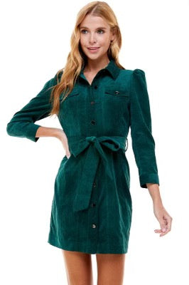 CLARITY Corduroy PuffSleeve TieWaist Dress