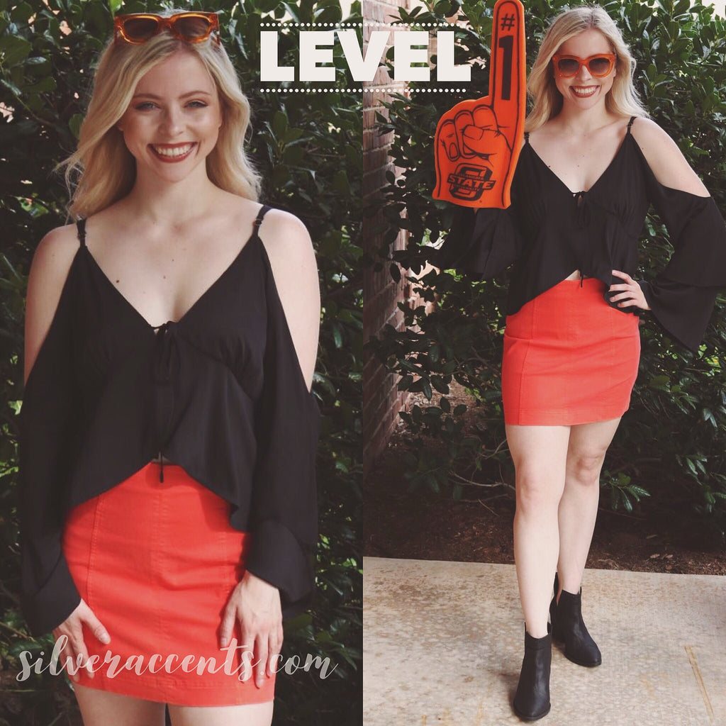 LEVEL TieFront Slit ColdShoulder Chiffon Top