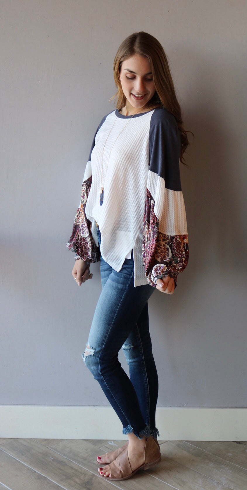 VIGILANT Floral PatchSleeve WaffleKnit Top