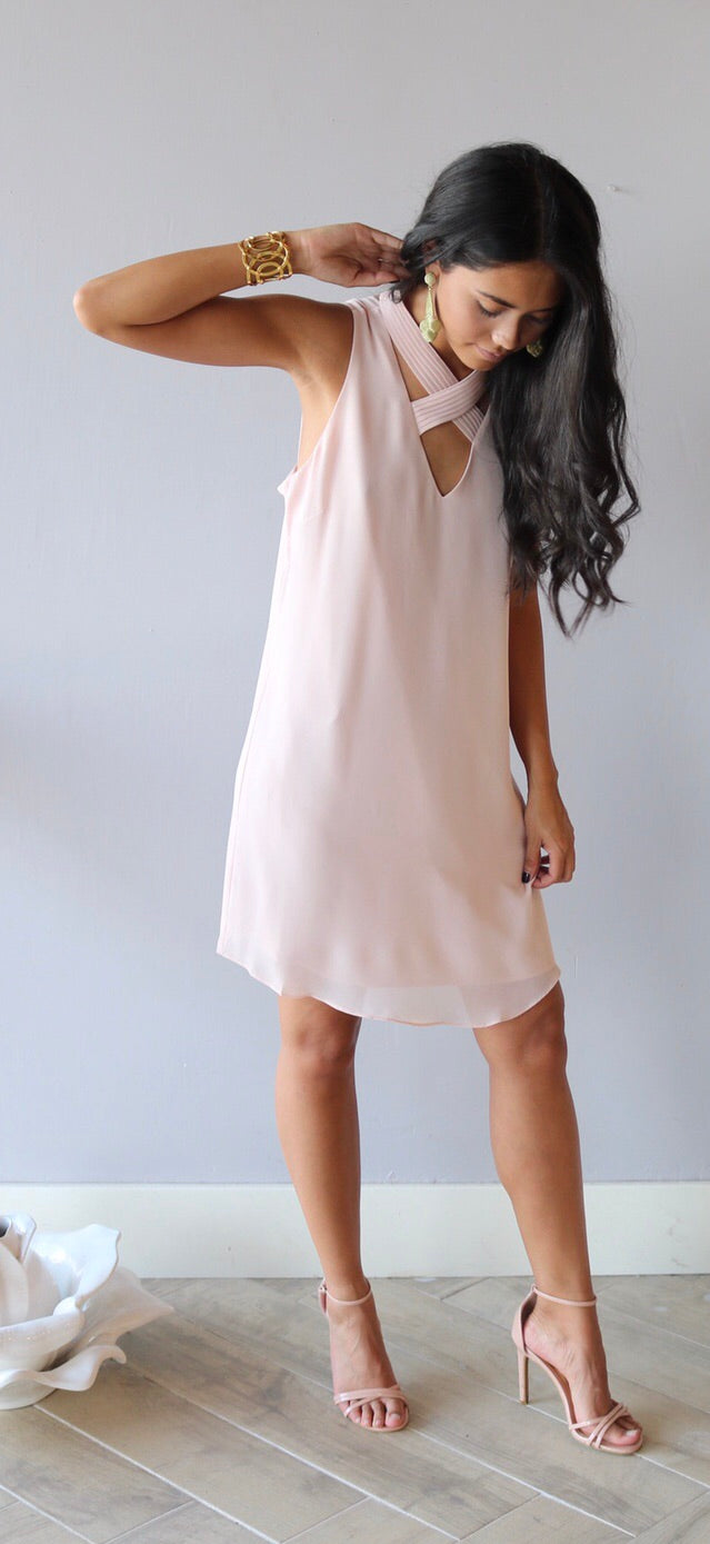 EMPHATIC Pleated CrossNeck Chiffon Shift Dress