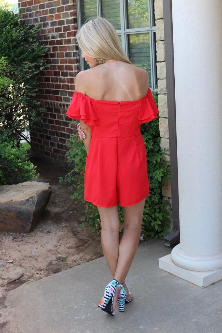 FOUNDER Ruffled OffShoulder Woven Romper w/Pockets
