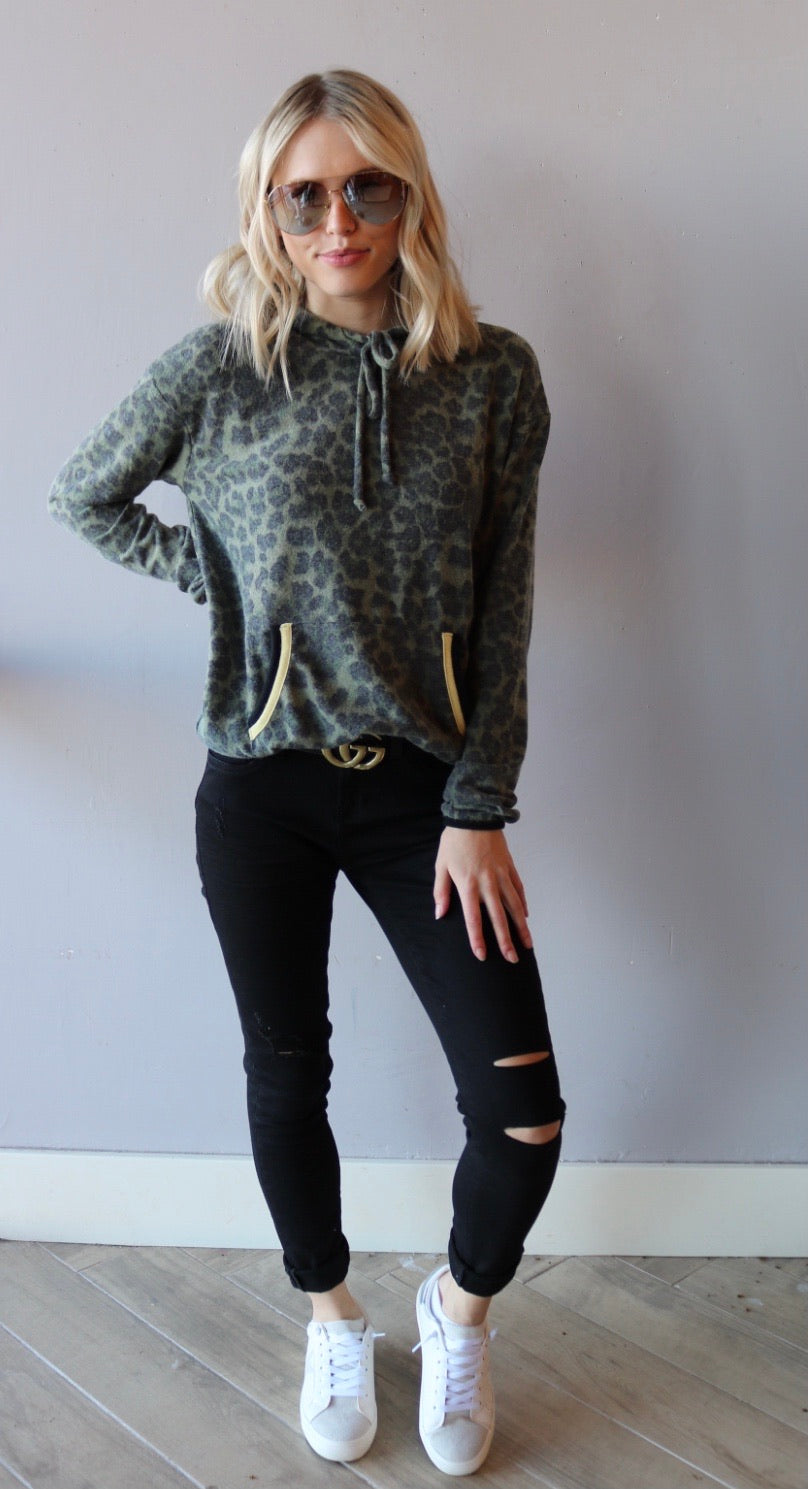 MICHAEL STARS BrushKnit CODY Eden Leopard Hoodie Top