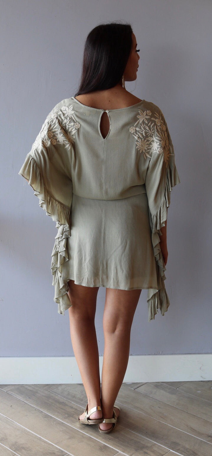Taupe GUYANA Embroidered Ruffle Caftan Dress