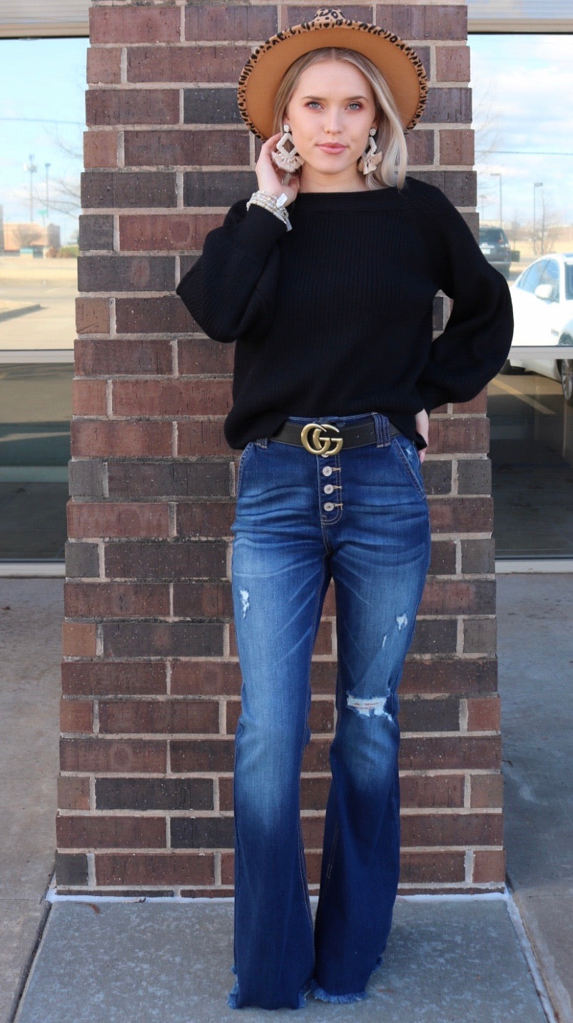 STELLAR OffShoulder BlousonSleeve RibKnit Top