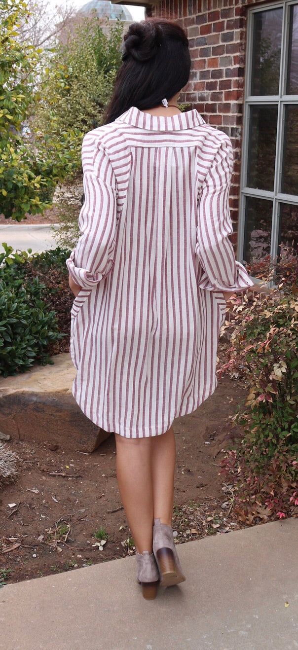 SHERWOOD Stripe SplitNeck ScoopHem Collared ShirtDress