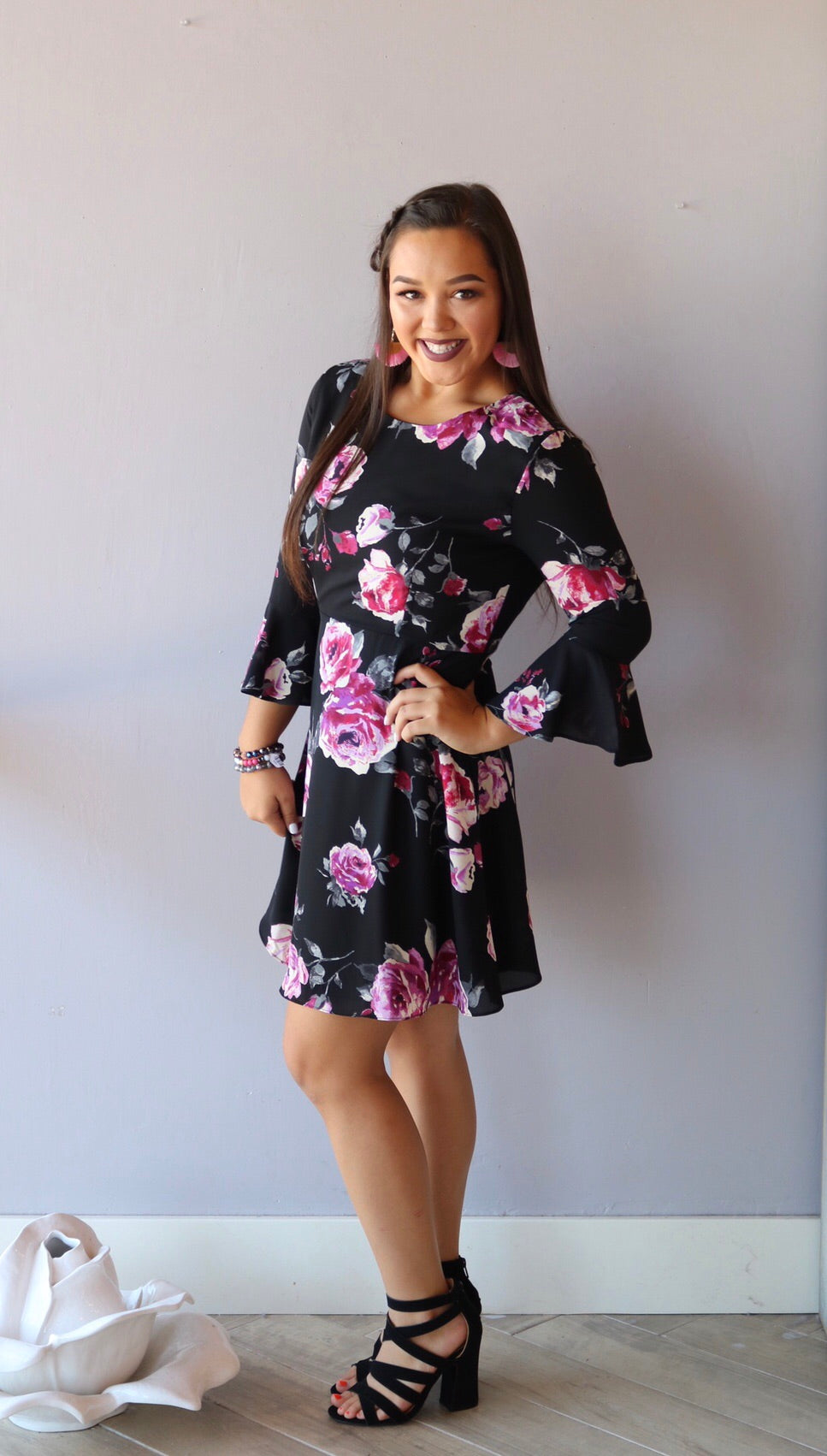 INFLUENCE Floral 3/4 BellSleeve Fit & Flare Dress