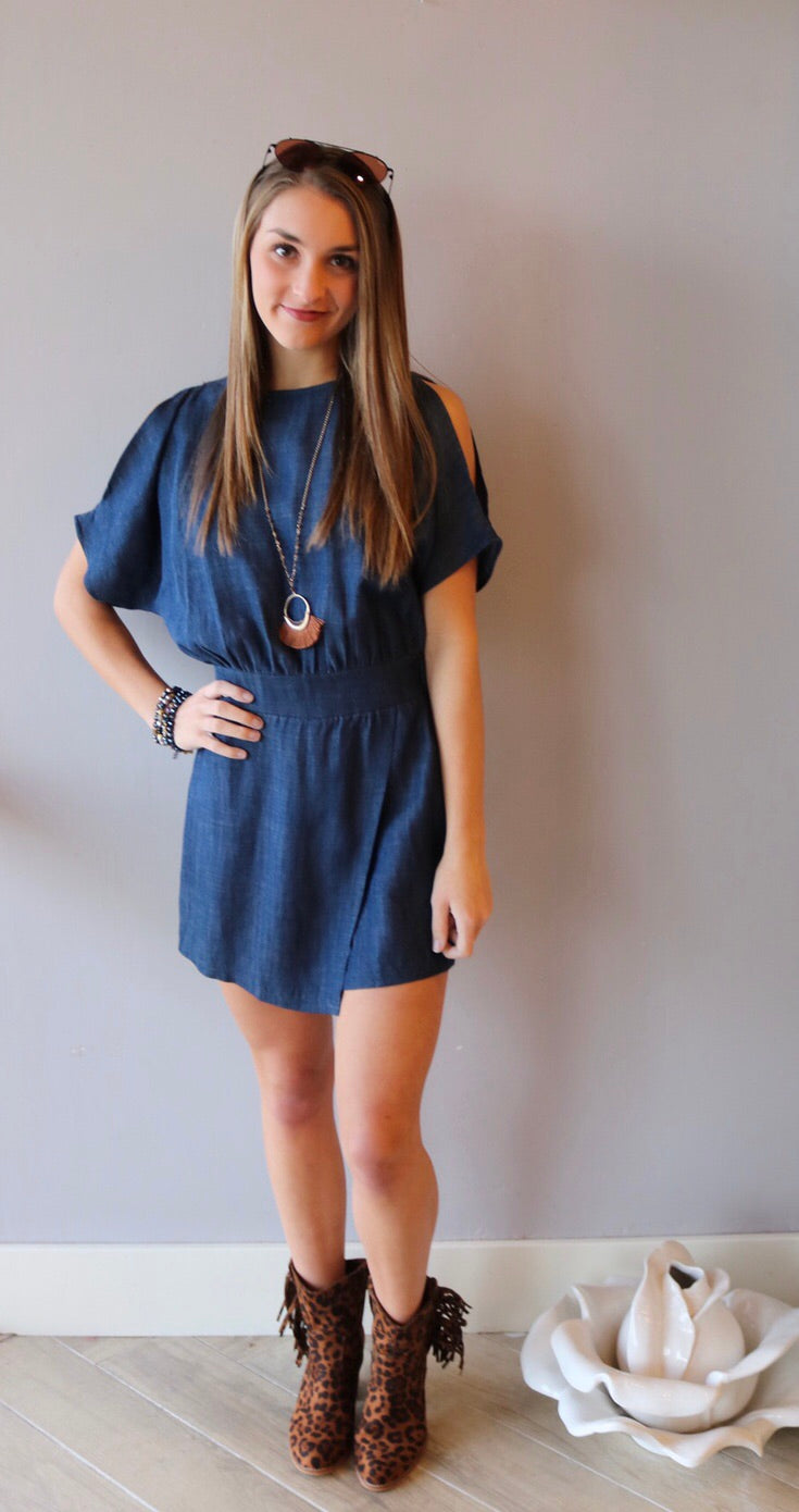 TCEC Denim FORESIGHT Slit Sleeve Faux Wrap Short Romper