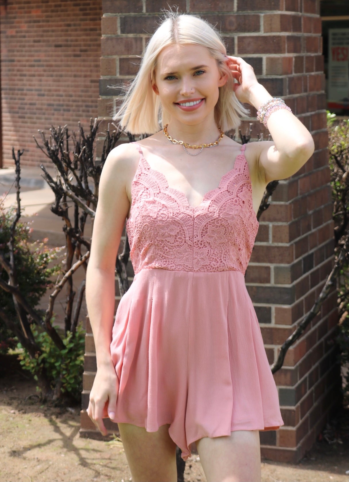 WISHLIST APPAREL OPTIC Lace Bodice Cross Back PleatShort Romper