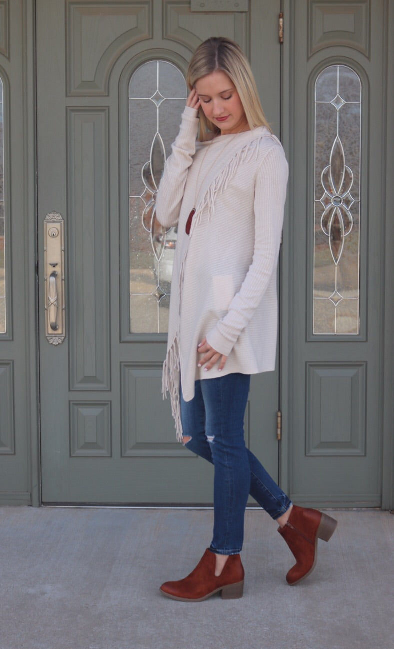 VOYAGE Fringe Pointelle Crossover Cardigan Sweater Top