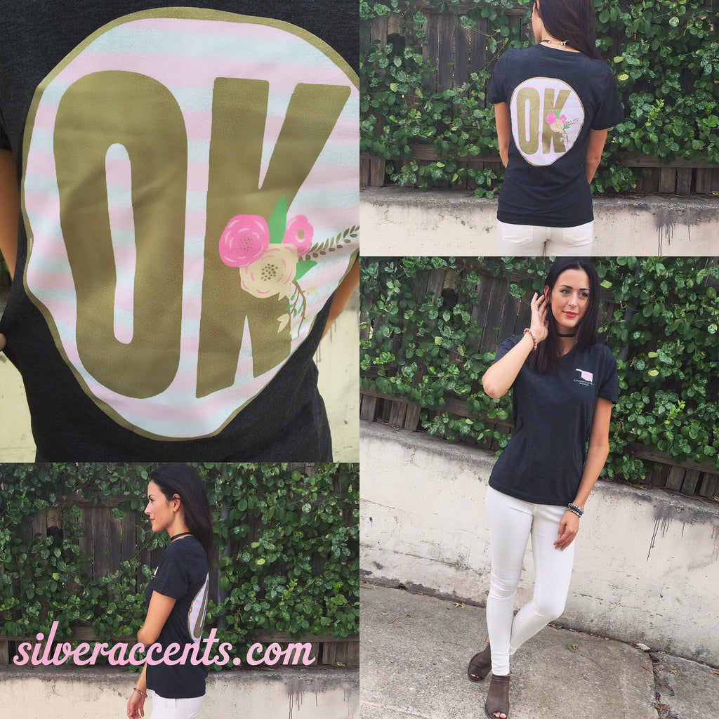 Mod OK Stripes Foil Logo V-Neck Triblend Tee Top