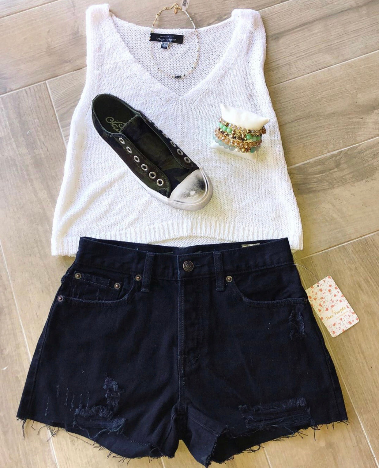 FREE PEOPLE HiRise SOFIA All Over Distressed Rigid Denim Short