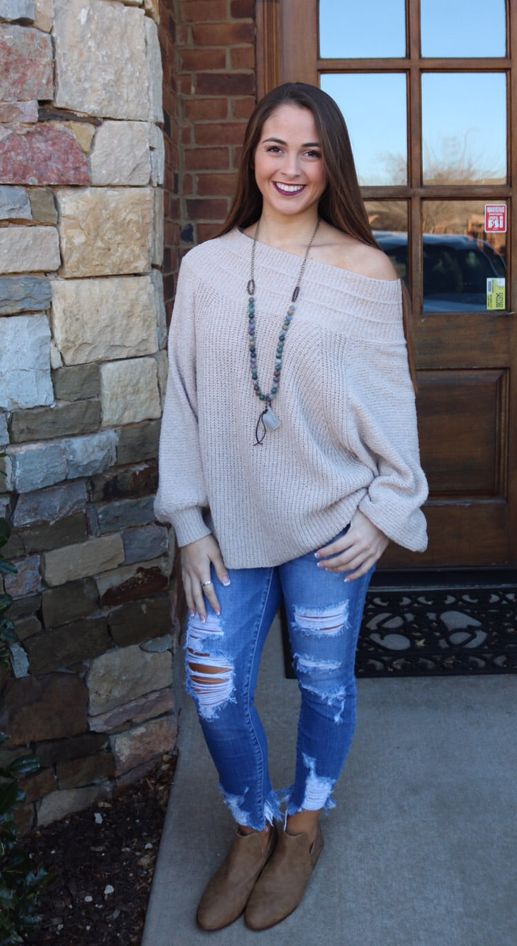 FIRESIDE OffShoulder/BoatNeck BubbleSleeve Knit Sweater Top