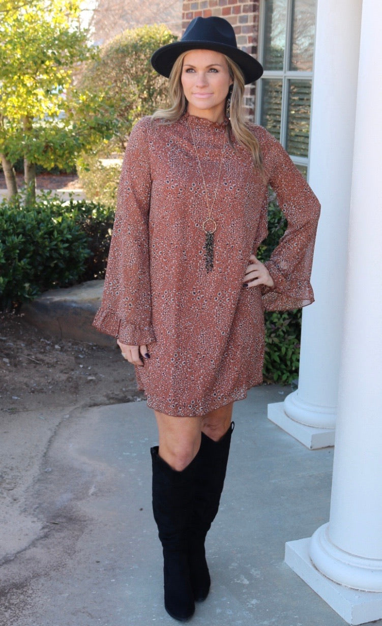 TOURIST Cheetah Ruffle MockNeck Chiffon Dress