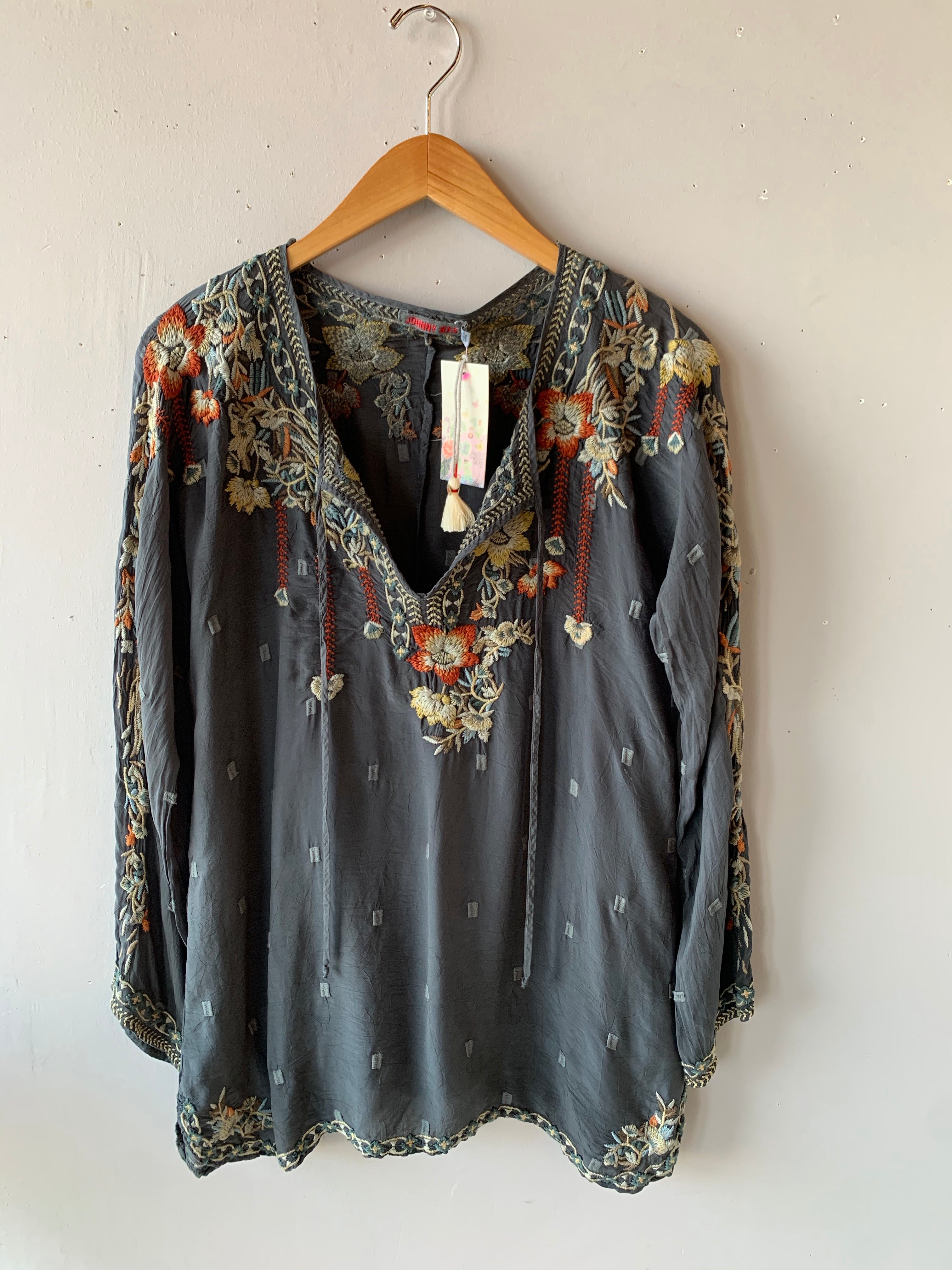 JOHNNY WAS Embroidered GEMMA Tie-Neck Blouse