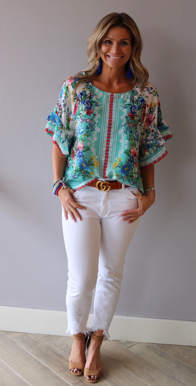 MAJESTIC Floral ScarfPrint Ruffle Sleeve Top