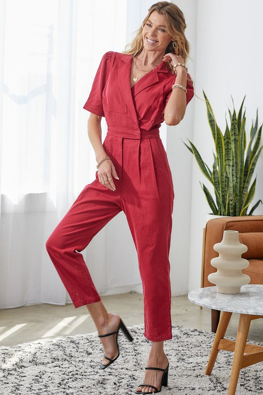 GAMETIME Puff~Sleeve Denim Wrap Jumpsuit