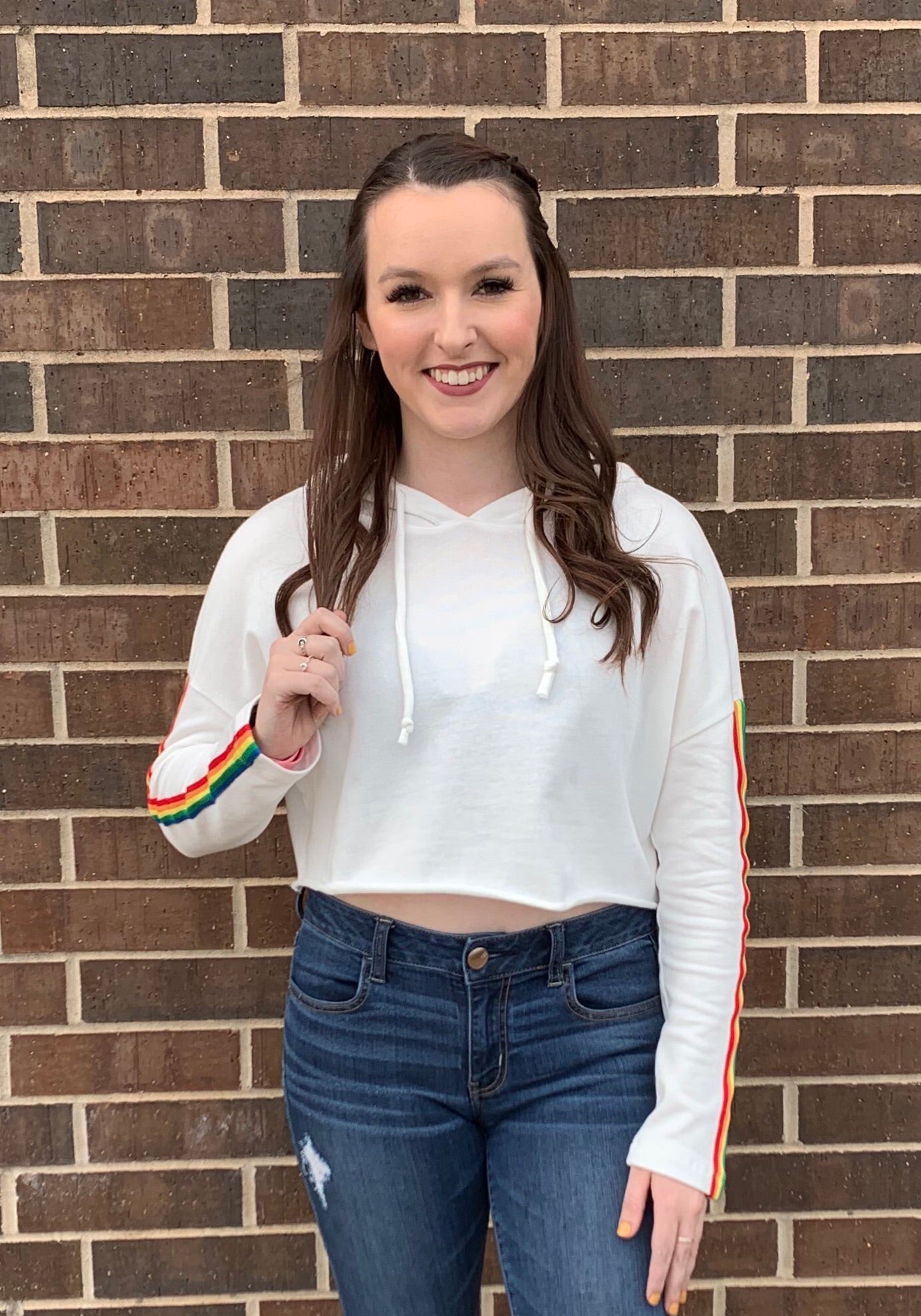 GLEE StripeSleeve French Terry RawHem Crop Hoodie