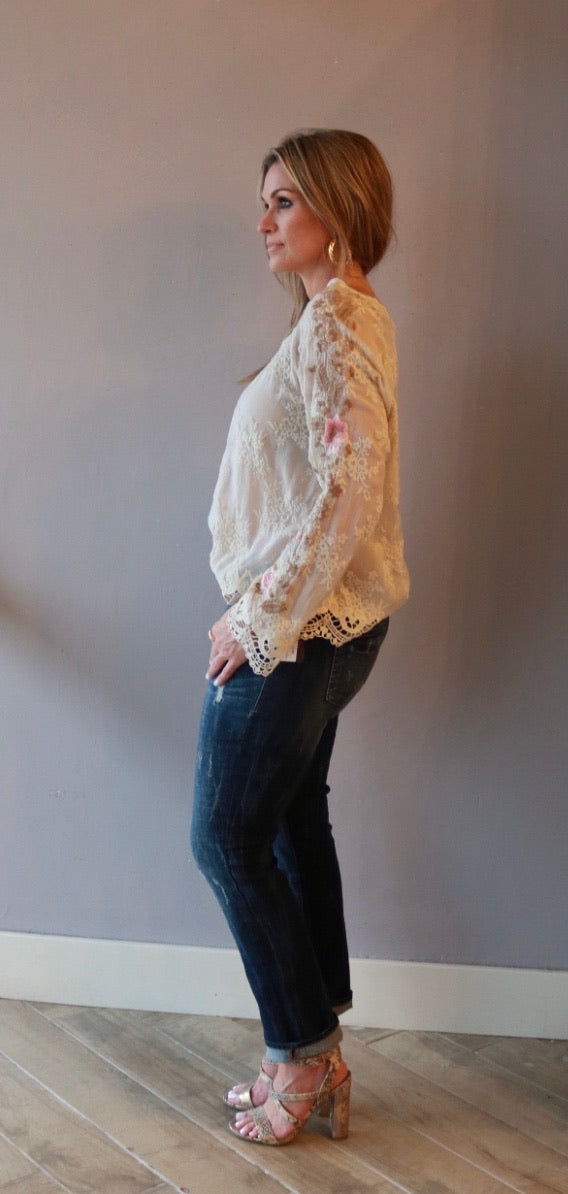 JOHNNY WAS COLLECTION Tonal Embroidered PAULINA Floral Sleeve LaceTrim Top