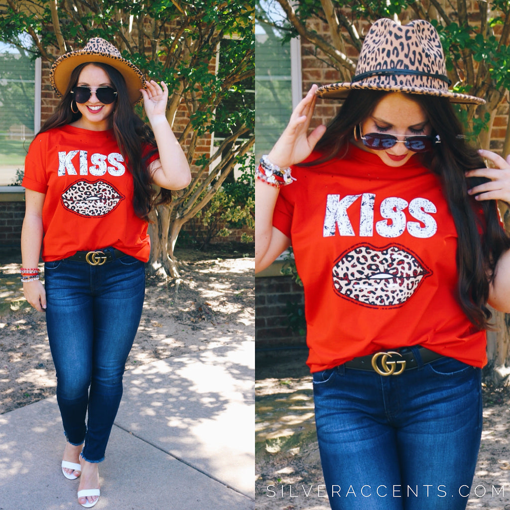 Mazik KISS Leopard Lips Distressed Tee Top