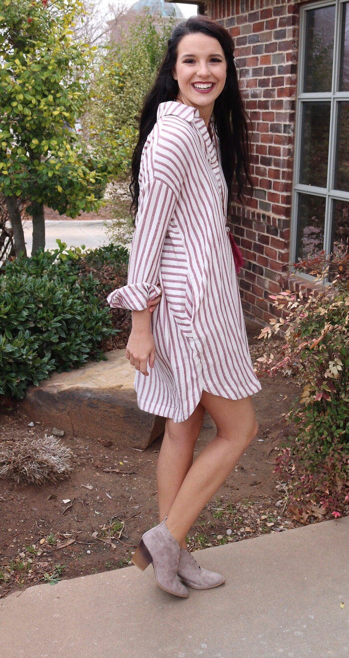 SHERWOOD Stripe SplitNeck ScoopHem Collared ShirtDress