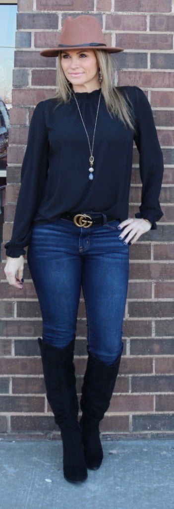 Main Strip PERSPECTIVE Ruffle HiNeck/Sleeve Chiffon Top