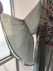 WANDERLUST Embroidered Ruffle Sleeve Grey Dress