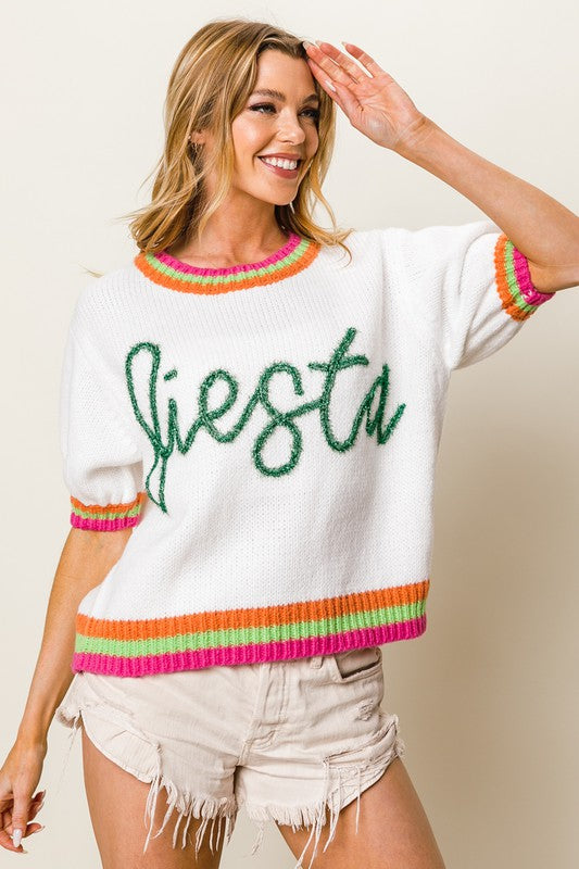 BIBI FIESTA Tinsel Short Puff~Sleeve Sweater