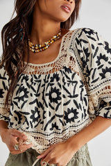 FREE PEOPLE Embroidered SOLEIL SquareNeck BalloonSleeve Top